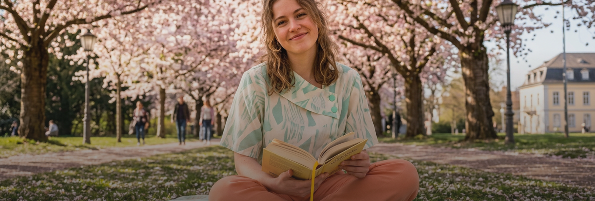 Eine junge Frau mit lockigem braunem Haar blickt lächelnd von ihrem Buch auf. Sie trägt eine gemusterte hellgrüne Bluse und pfirsichfarbene Hosen. Sie sitzt im Gras unter blühenden Kirschbäumen in einem Park. Im Hintergrund sieht man einen Fußweg mit Passanten, klassische Straßenlaternen und ein helles historisches Gebäude bei sanftem Frühlingslicht.